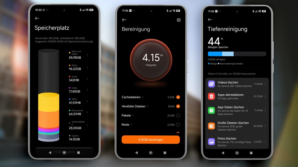 Viele Android-Handys haben Tools zur Speicherbereinigung integriert. Seid aber vorsichtig, damit ihr nicht versehentlich wichtige Videos und Fotos löscht. Sichert sie am besten vorher.