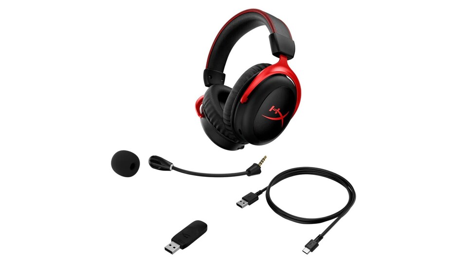 Im Lieferumfang sind neben dem Headset auch das abnehmbare Mirkofon, der SenderEmpfänger sowie ein Ladekabel enthalten.