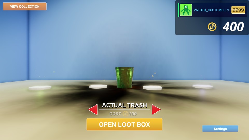 I Can't Believe It's Not Gambling - Symbolisch für den Inhalt von Lootboxen in anderen Spielen: Eine Müll-Lootbox.