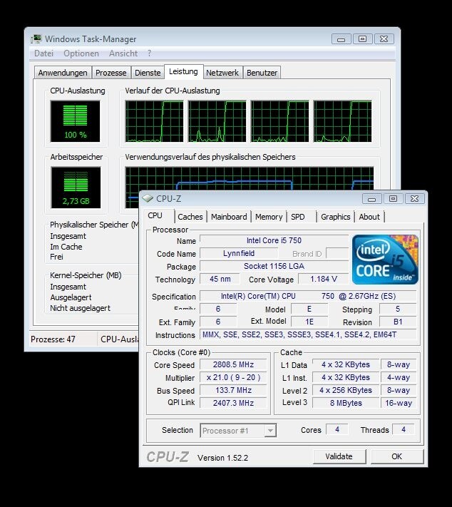 Zumindest eine Taktstufe (hier: 2,8 statt 2,67 GHz) schaltet der Turbo-Modus des Core i5 750 auch bei Auslastung aller vier Kerne hoch.