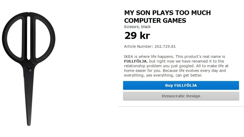 Ikea Retail Therapy bietet eine Schere als Lösung an, falls der Sohn zu viel am PC spielt. (Quelle: Ikea)