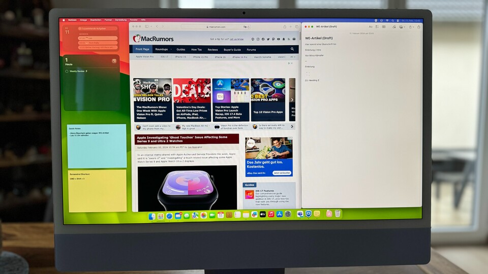Die Widgets (links im Bild) von MacOS Sonoma erleichtern den Überblick - und erhöhen die Produktivität.