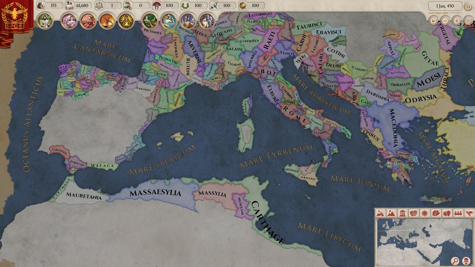 Die Karte von Imperator: Rome umfasst über 7.000 Regionen und Hunderte Fraktionen.