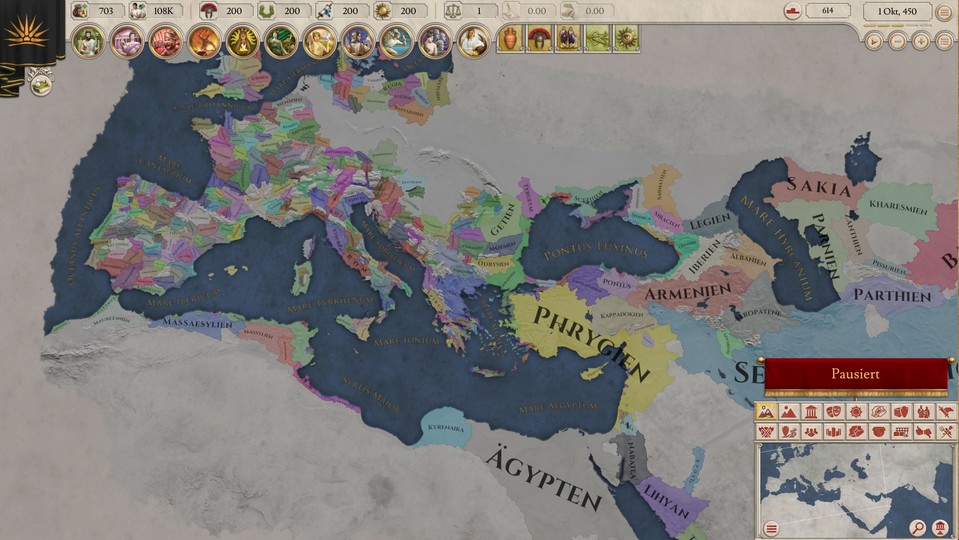 Die Kartengröße von Imperator: Rome entspricht ziemlich genau der Karte von Crusader Kings 2. Bestimmte Bereiche sind aber nicht besiedelt, der allergrößte Teil Russlands beispielsweise. Dafür sind die vorhandenen Provinzen wiederum kleinteiliger als bei CK2.