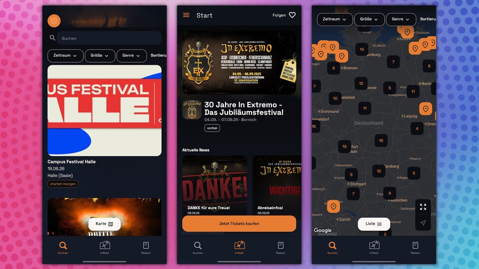Infield ist eine kompakte Festival-App, die sich vor allem auf Infos und News zu alternativen Events konzentriert. (Bildquelle: Infield GameStar Tech)