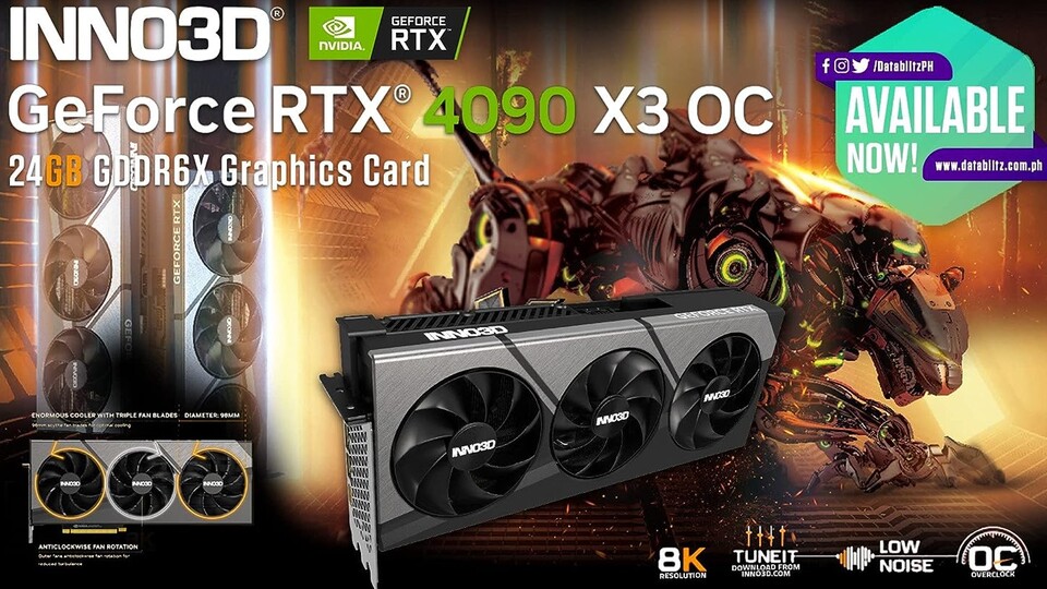 Die RTX 4090 X3 OC von Inno3D lockt mit stark verbessertem Kühlerdesign mit Triple-Fan.