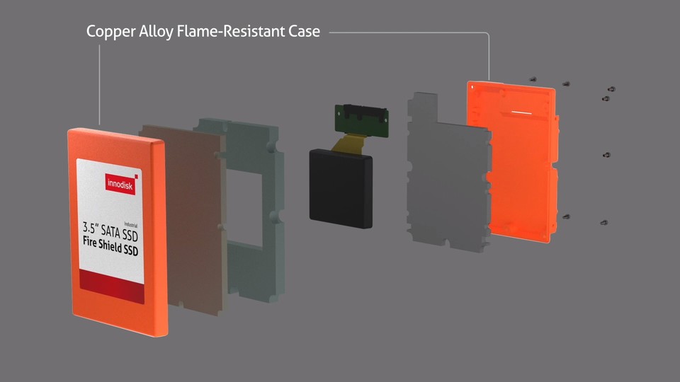 Innodisk's Fire Shield SSD besteht aus mehreren Schutzschichten mit über 20 hitzeresistenten Materialien. 
