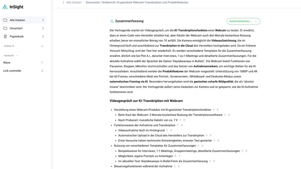 Mittels Künstlicher Intelligenz lassen sich Videos transkribieren und zusammenfassen – allerdings nur im Abo.