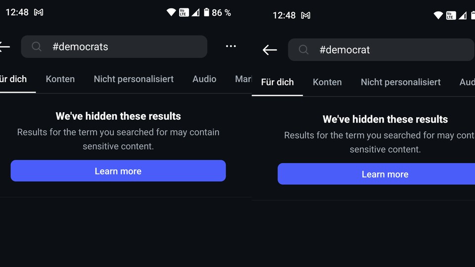 So sehen derzeit die Suchergebnisse für #democrats und #democrat aus. (Stand: 21. Januar 2025 12:48 Uhr)
