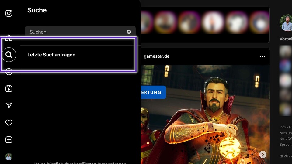 In der Browser-Variante von Instagram müsst ihr nur auf das Such-Symbol klicken, um euren Verlauf angezeigt zu bekommen und löschen zu können.