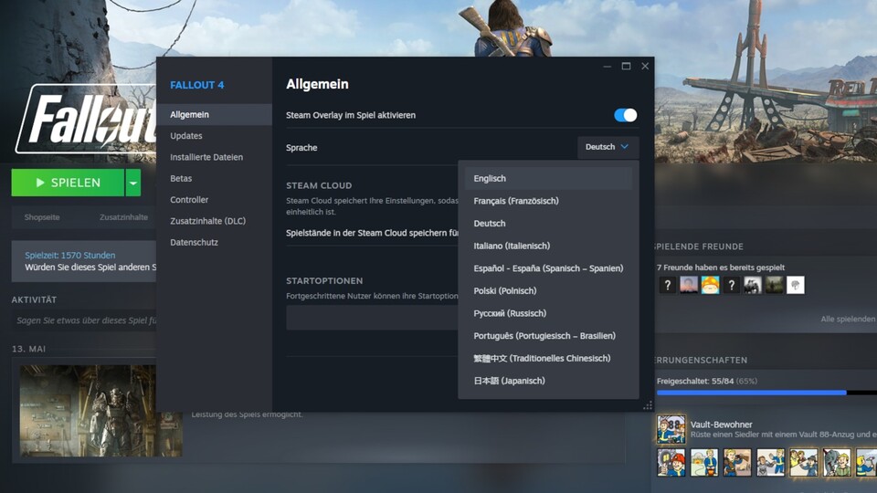 Ihr müsst Fallout 4 entweder als englische Version installieren, oder die Sprache nachträglich einstellen.