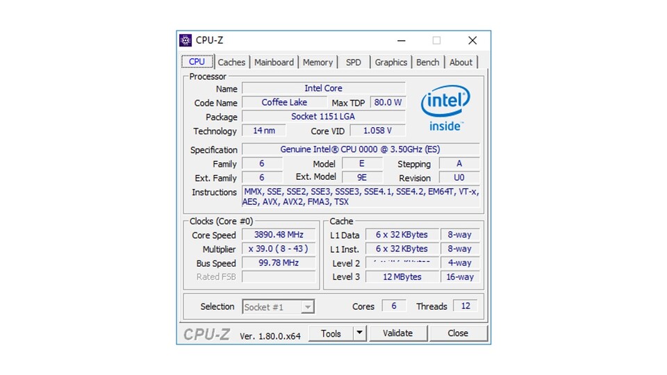 Der vermeintlich erste CPU-Z-Screenshot von Intel Coffee Lake: Das Engineering Sample bietet sechs Kerne, zwölf Threads und einen Basistakt von 3,5 GHz.