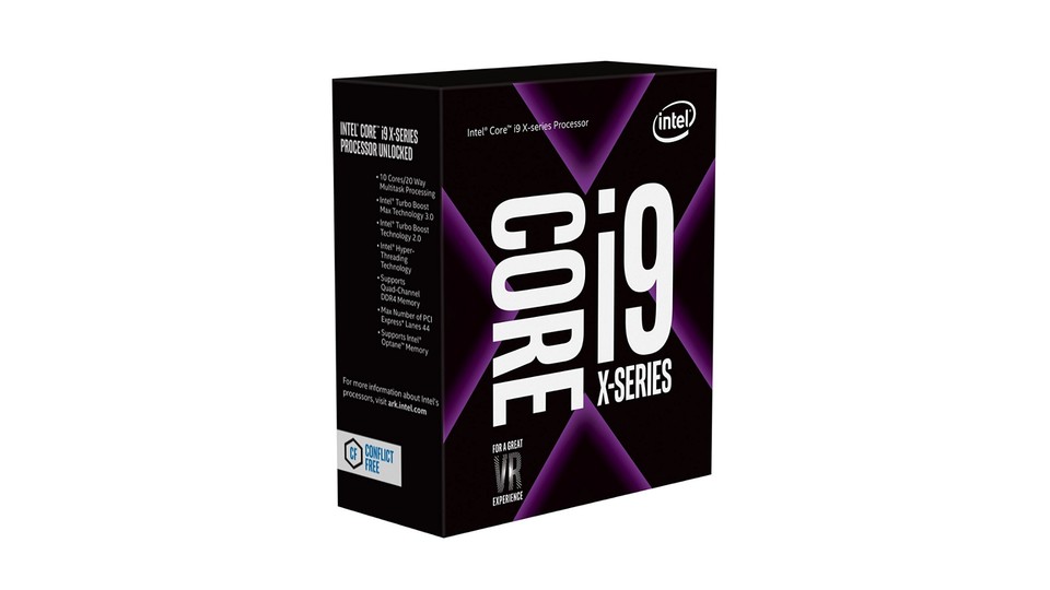 Intels Core i9 7900X aus diesem Test besitzt zehn Kerne und taktet mit bis zu 4,3 GHz per Turbo Boost 2.0. Im Gegensatz zum niedriger getakteten Vorgänger Core i7 6950X mit ebenfalls zehn Kernen ist er momentan etwa 400 Euro günstiger.