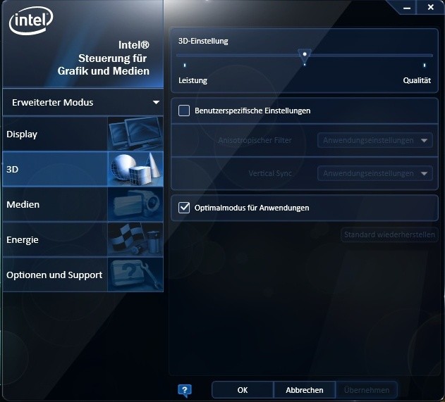Der minimalistische Treiber der Intel-Grafik bietet nur wenige Einstellungsmöglichkeiten.