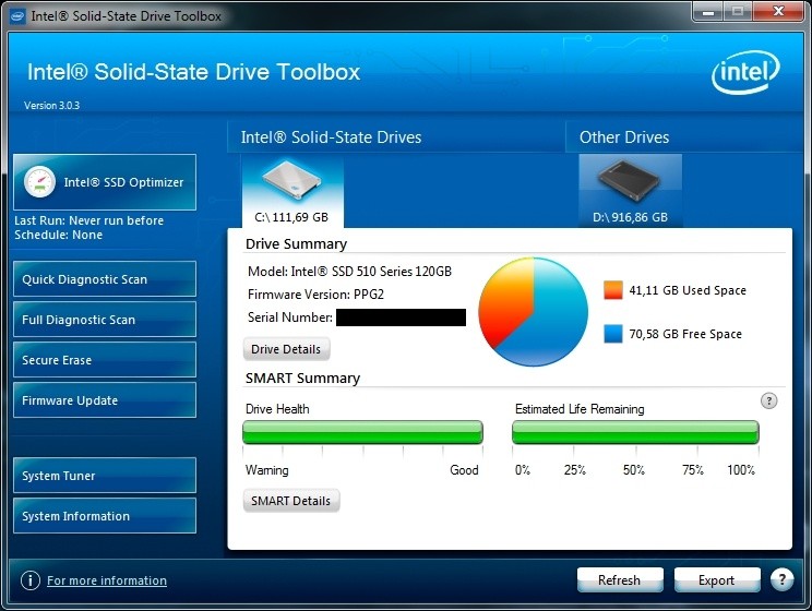 Intel SSD Toolbox : Intel bietet für die hauseigenen SSDs ein praktisches Wartungs-Tool, mit dem Sie die Firmware der SSD updaten, alle Daten sicher löschen (»Secure Erase«) oder Ihre Windows-Einstellungen für die SSD optimieren können.