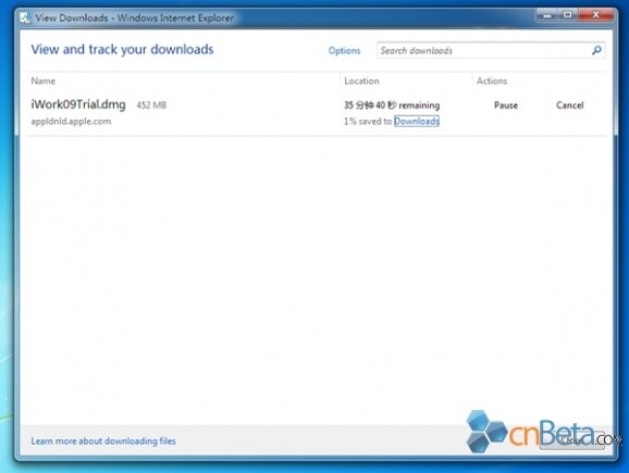 Der Internet Explorer 9 enthält anscheinend auch einen Download-Manager, wie dieser geleakte Screenshot von cnBeta zeigt. 
