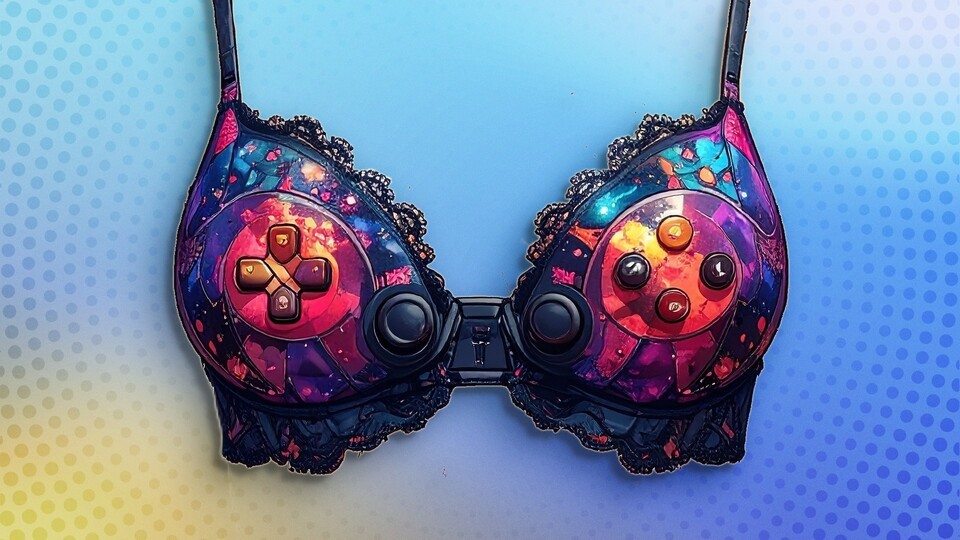 So wie auf diesem KI-generierten Bild sieht der Controller-BH nicht einmal entfernt aus (erinnert mich übrigens ein wenig an Majoras Mask). Wer Fotos der echten Intimate Controllers sehen möchte, kann sie sich auf der im Artikel verlinken Seite zum Projekt ansehen. (Bildquelle: Adobe Firefly KI)