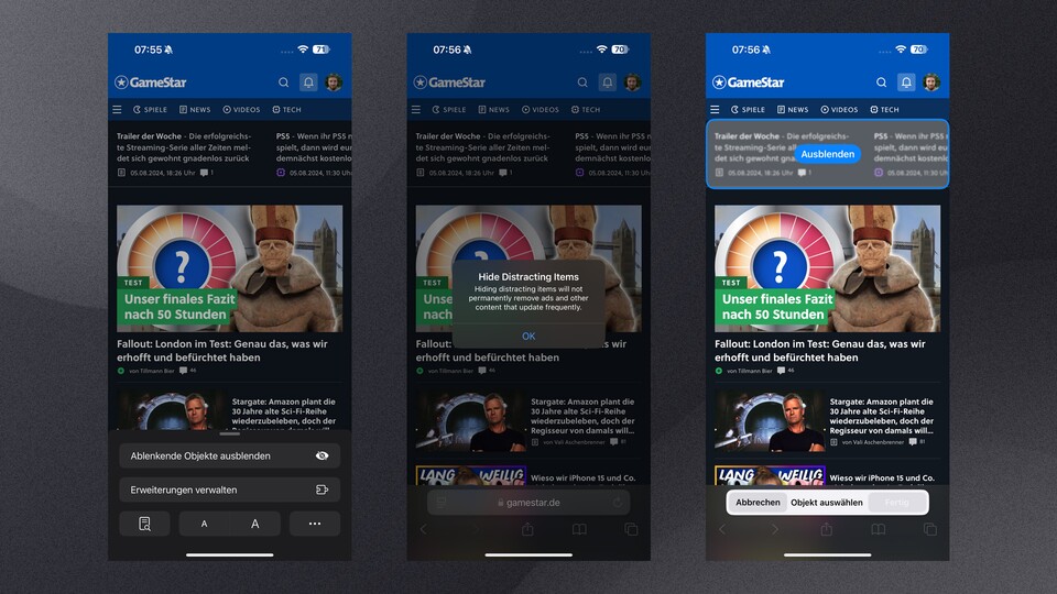 Ein Tippen auf ein Element einer Seite genügt und es kann ausgeblendet werden.
