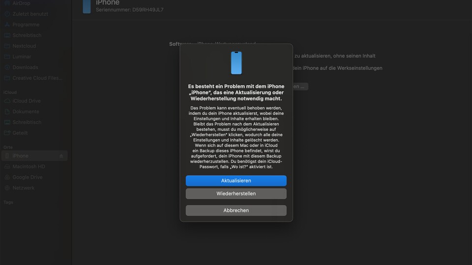 Sobald der Wiederhestellungsmodus aktiviert ist, erscheint eine Meldung am PC und am iPhone.