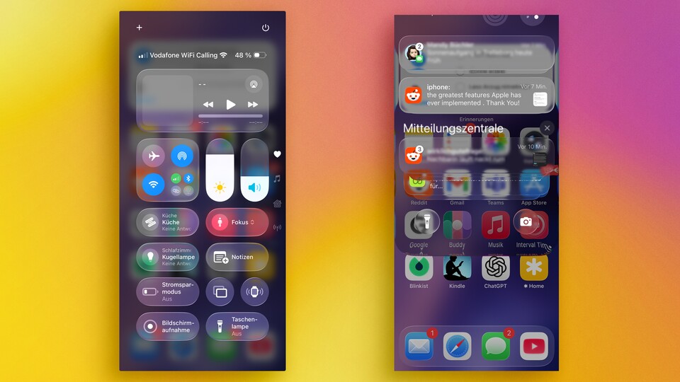 Links: Frosted Glass. Rechts: Liquid Glass. Apple vermischt hier zwei Stile und das stört mich.