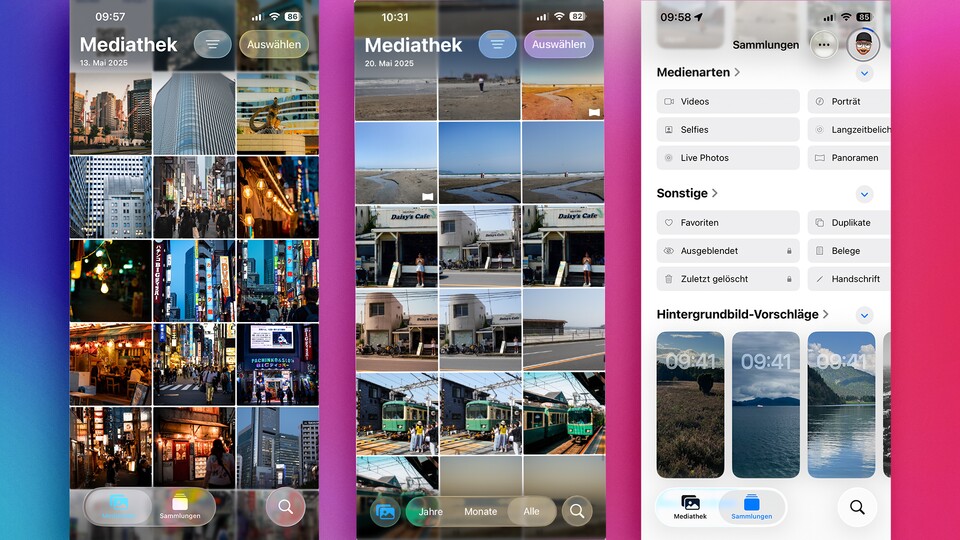 Die Fotos-App ist mit iOS 26 wieder nutzerfreundlicher. Mediathek und andere Inhalte sind endlich wieder getrennt. Durch das Redesign wirkt trotzdem alles frisch und neu. (Bild: GameStar Tech)