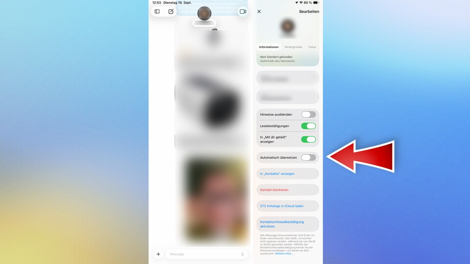 iMessage-Chats könnt ihr automatisch übersetzen lassen. Die Option findet ihr, indem ihr in einem Chat oben auf euren Gesprächspartner tippt. (Bildquelle: GameStar Tech)