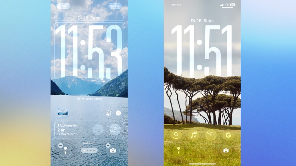 Der Sperrbildschirm lässt sich mit iOS 26 noch mehr individualisieren. Vor allem der Effekt bei der Uhrzeit sieht schick aus. (Bildquelle: GameStar)
