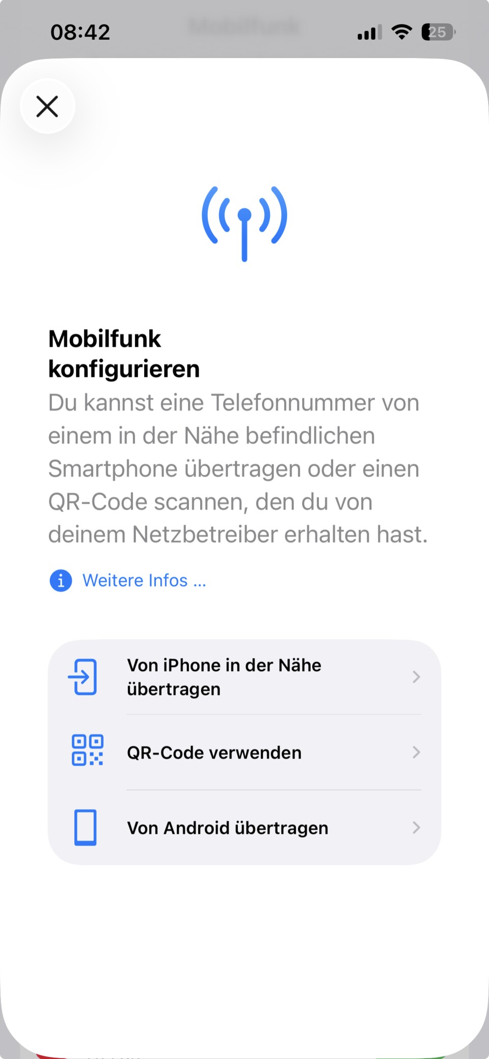 Mobilfunk konfigurieren unter iOS 26 mit Option, Daten von einem Android-Gerät zu übertragen.