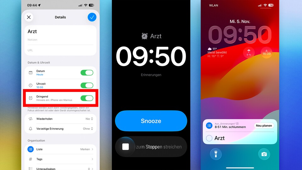 Die Erinnerungen-App integriert künftig einen echten Alarm. (Bildquelle: GameStar Tech)
