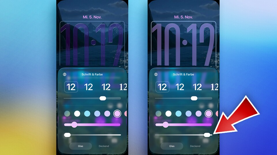 Der Glaseffekt der Sperrbildschirm-Uhrzeit lässt sich individueller justieren. (Bildquelle: GameStar Tech)