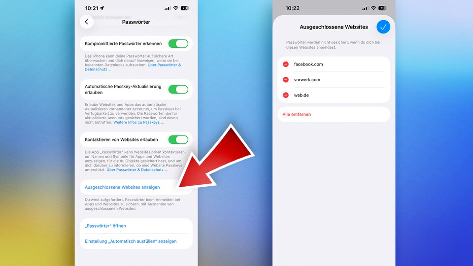 In den Einstellungen der Passwort-App lassen sich ausgeschlossene Webseiten verwalten. (Bildquelle: GameStar Tech)