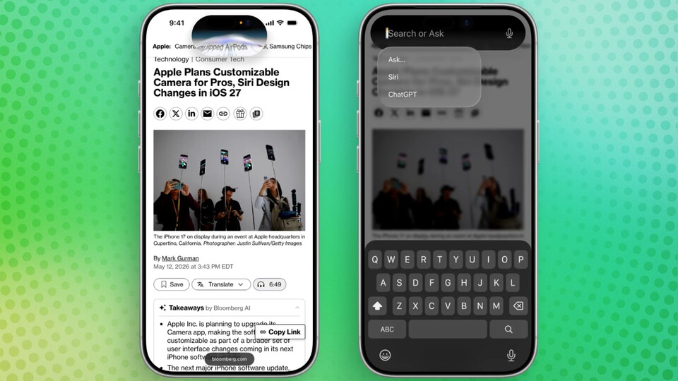 Das »Search or Ask«-Interface soll das klassische »Hey Siri« ergänzen. (© Bloomberg, Illustration: 731)