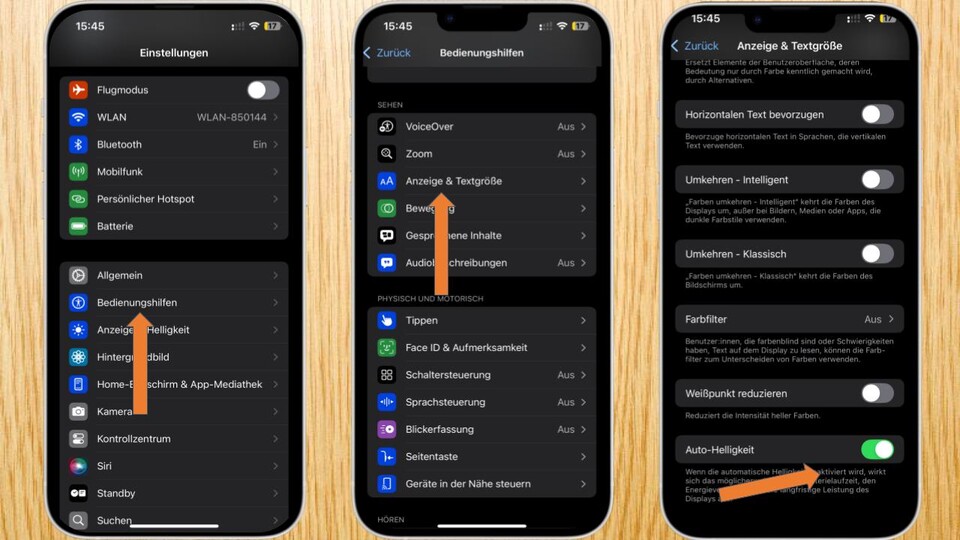 Mit der Deaktivierung der Auto-Helligkeit pustet das iPhone nicht mehr ganz so viel Licht in euer Gesicht.