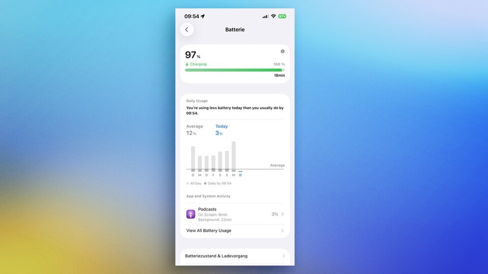 Im Batterie-Bereich der Einstellungen seht ihr in iOS 26 endlich, wann euer iPhone vollständig aufgeladen ist. (Bild: GameStar Tech)
