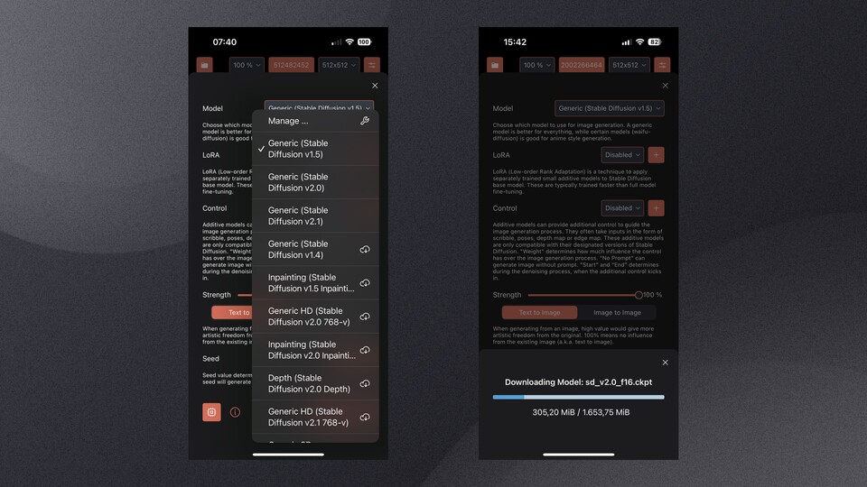 Draw Things: Je nach KI-Modell ist das Datenpaket 1 bis 2 GByte groß.