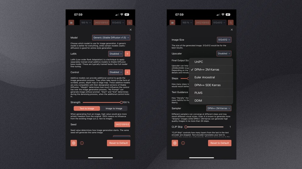 Die Einstellungen in Draw Things sind vielfältig. Am besten testet ihr die Funktionen einmal selbst.