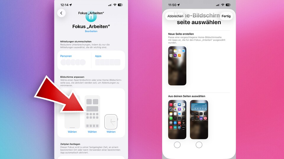Ihr könnt für die jeweiligen Fokus-Modus eigene Home- und Sperrbildschirme bauen. (Bildquelle: GameStar Tech)