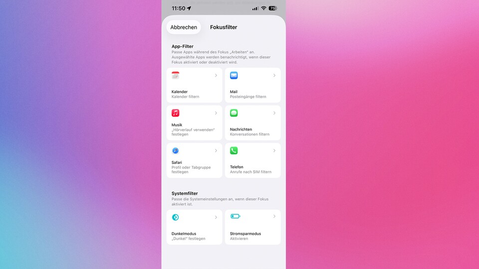 Mithilfe der Fokusfilter lassen sich wichtige App-Inhalte bei Kalender, Safari, Telefon und Co. einfach je Einsatzzweck trennen. (Bildquelle: GameStar Tech)