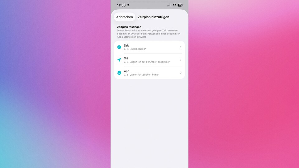 Wenn ihr einen Zeitplan nutzt, könnt ihr einen Fokus-Modus automatisch starten. Das geht nicht nur zeitlich, sondern auch App- oder ortsabhängig. (Bildquelle: GameStar Tech)
