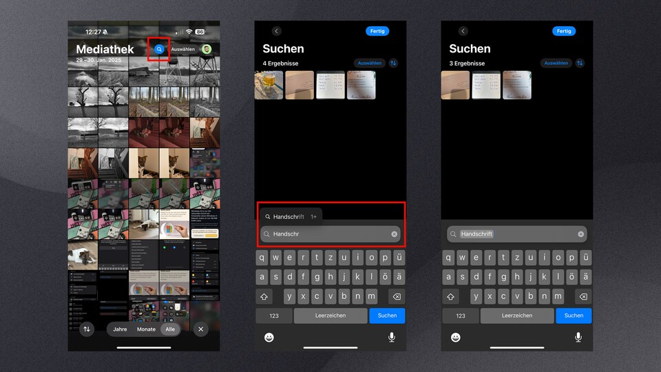 Die Fotos-App filtert beim Eintippen bereits nach Suchbegriffen.