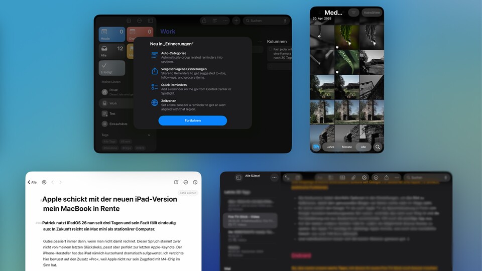 Mit einer schnellen Wischgeste zeigt euch iPadOS 26 alle aktuell geöffneten Apps einer Gruppe an.