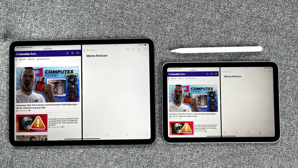 Zwei Apps nebeneinander ist kein Problem: Split View funktioniert auf dem iPad mini überwiegend gut. (Bildquelle: Mirco KämpferGameStar Tech)