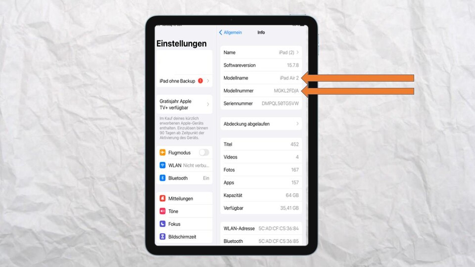 Die Modellnummer eures iPads könnt ihr über die Info in euren Einstellungen herausfinden.