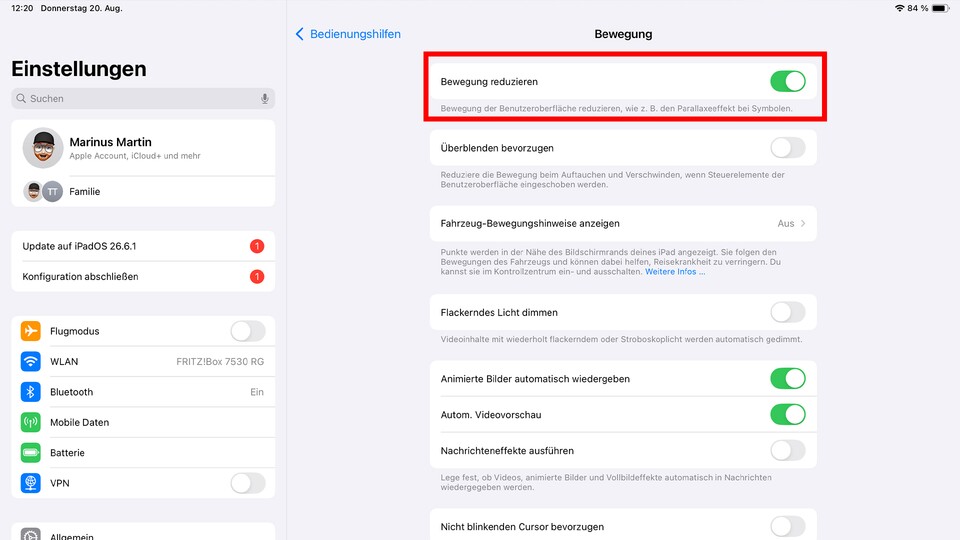 Wenn ihr die Option »Bewegung reduzieren« nutzt, profitiert ihr unter anderem von schnelleren Übergängen bei Apps. (Bildquelle: GameStar Tech)