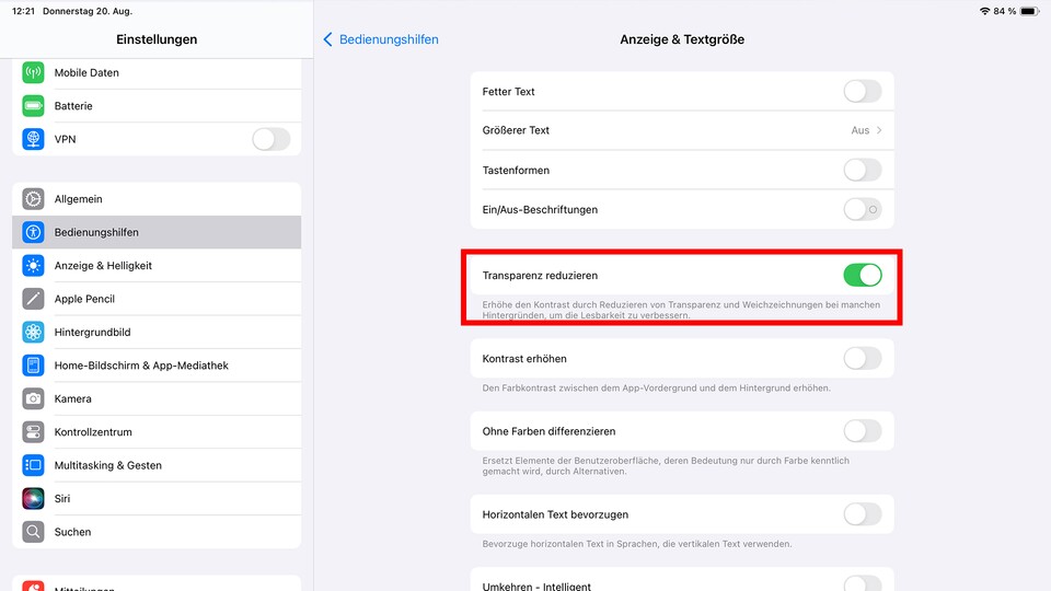 Die Option »Transparenz reduzieren« sorgt für eine bessere Lesbarkeit und schont die Grafikeinheit des Tablets. (Bildquelle: GameStar Tech)