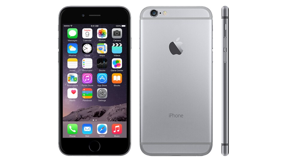 Das iPhone 6 brachte einige Änderungen mit sich. So hatte der Homescreen Platz für eine sechste Reihe Apps und der Home-Button zeigte kein Viereck mehr. Zudem ragte die Rückkamera aus dem Gehäuse hervor. (Bild: Apple)