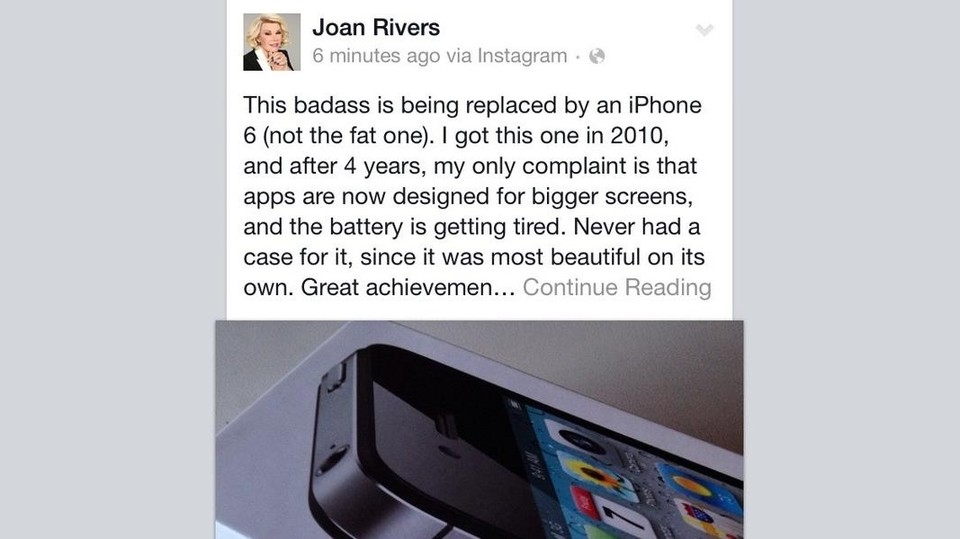Werbung für das iPhobe 6 auf dem Account der verstorbenen Joan Rivers. (Bildquelle: Instagram)