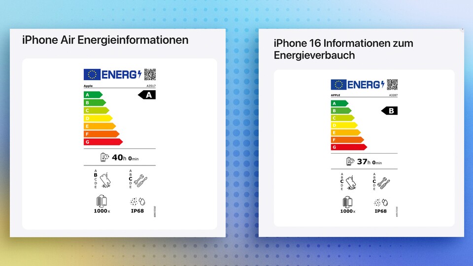Die EU-Energielabels vom iPhone Air und iPhone 16. (Bildquelle: Apple)
