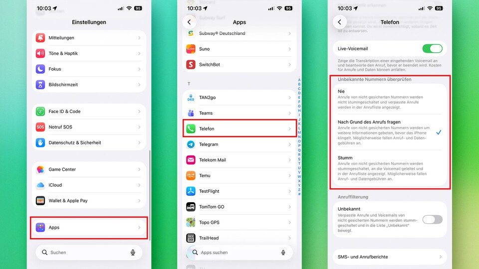 Die Anruffilter findet ihr unter iOS unter Einstellungen > Apps > Telefon > Unbekannte Nummern überprüfen. (Bildquelle: GameStar Tech)