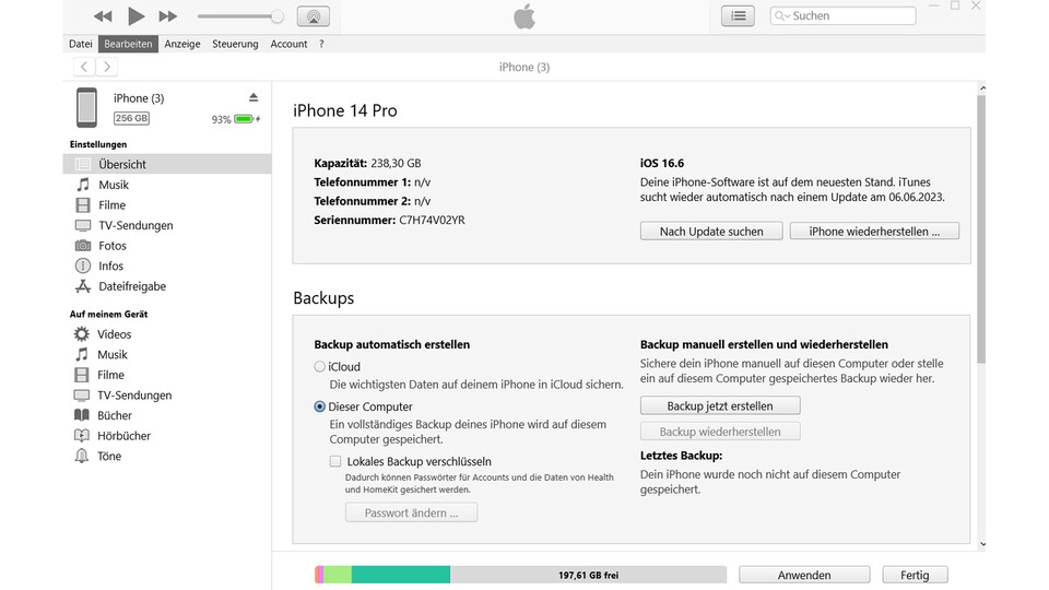 Mithilfe von iTunes kann unter Windows ein iPhone-Backup gesichert werden.